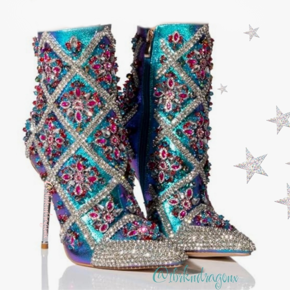 Azalea Wang Iridescent Art Deco Crystal Beaded Dress Stiletto Booties - Picture 10 of 17